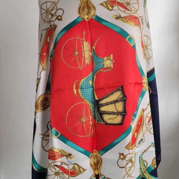 Vintage Equestrian Horse Carriage Blue Red & Gold 100% Silk Scarf - Picture 4 of 13